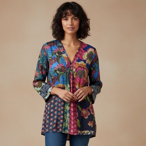 Johnny Was Tops - Johnny Was Promisino Robi SILK blouse Embroidery blue green floral V neck SMALL